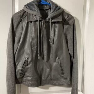 J2 Faux Leather Jacket Women’s Size M Gray Removable Hoodie Knit Sleeves